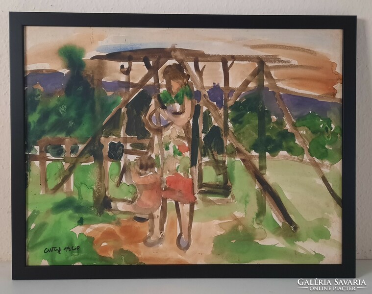 Miklós Németh: on the playground, 1960, painting