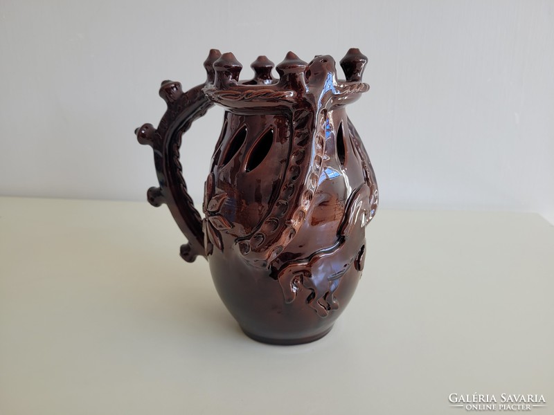 Old large-sized folk ceramic horse motif jug, bait jug