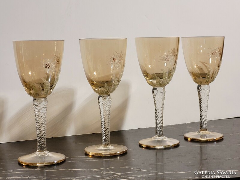 4 Champagne liqueur stemmed glasses with a snowy grass pattern are flawless -- showy?