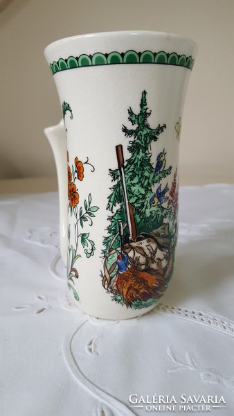 Antique hunting scene faience jug, drinking vessel