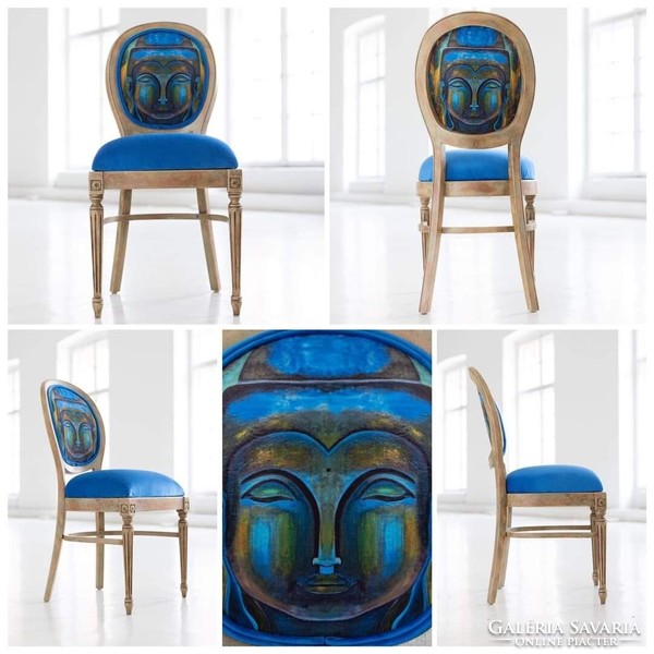 Individual patterned, colorful chairs decorated with Buddha images are for sale