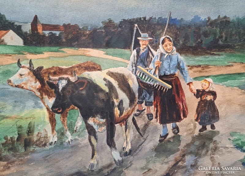 The family on the road - large-scale watercolor in a beautiful frame with Borsód marking - picture of peasant life