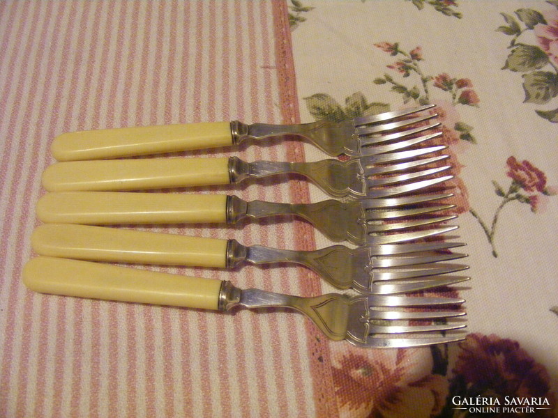 Silver-plated, antique, elegant shape, 5-person dessert or fish fork set