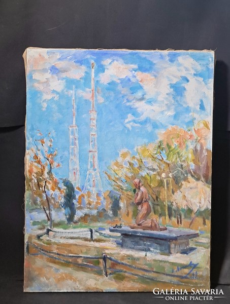 City park with sculpture - serene oil painting on canvas, unidentified mark