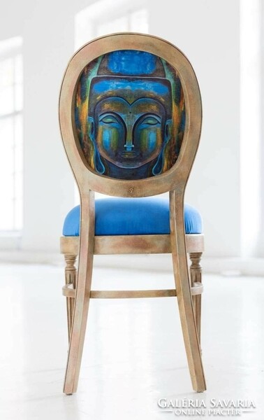 Individual patterned, colorful chairs decorated with Buddha images are for sale