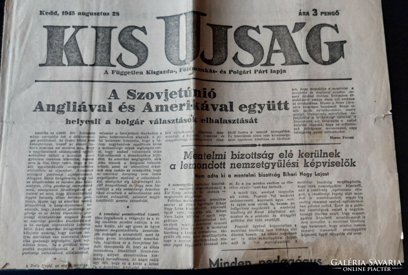 Kedd, 1945 augusztus 28  KIS UJSÁG   - régi újság Születésnapra !