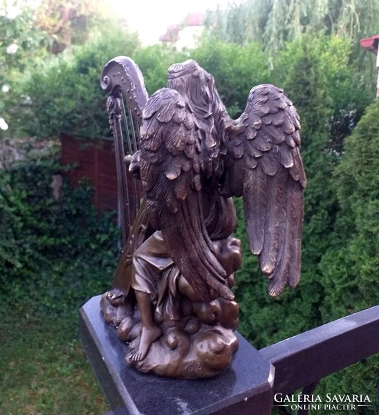 Angel playing the harp - bronze sculpture artwork