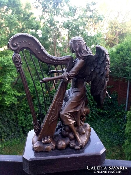 Angel playing the harp - bronze sculpture artwork