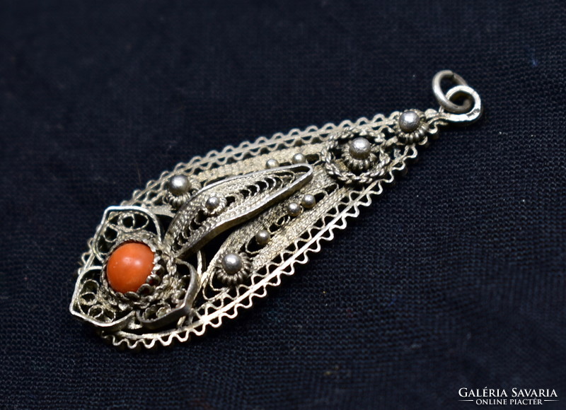Antique coral stone filigree silver pendant