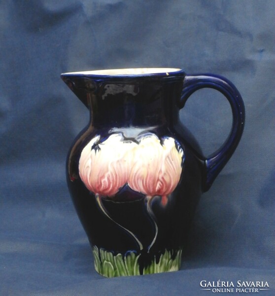 Pitcher cobalt blue with a rustic tulip motif