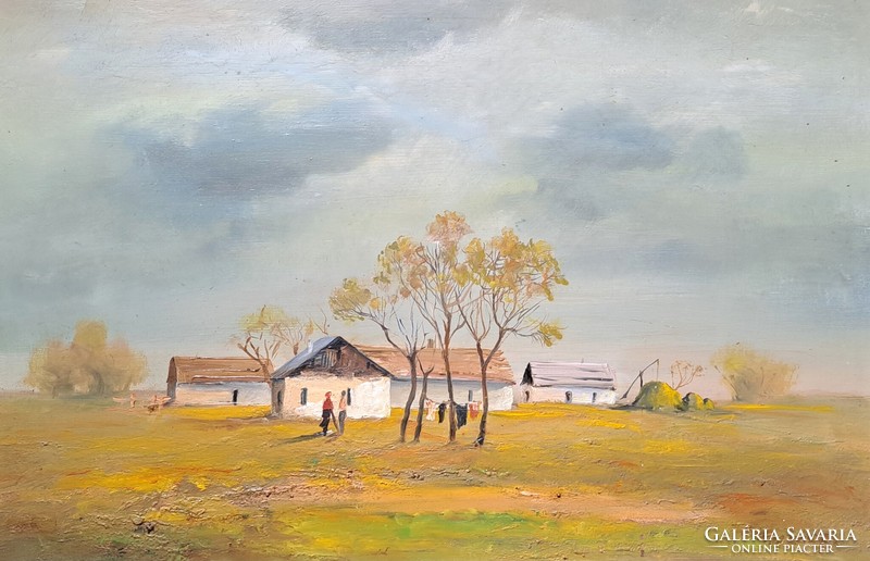 Imre Puskás (1933-2003) juried oil painting with frame - peasant life, farm - Szeged painter