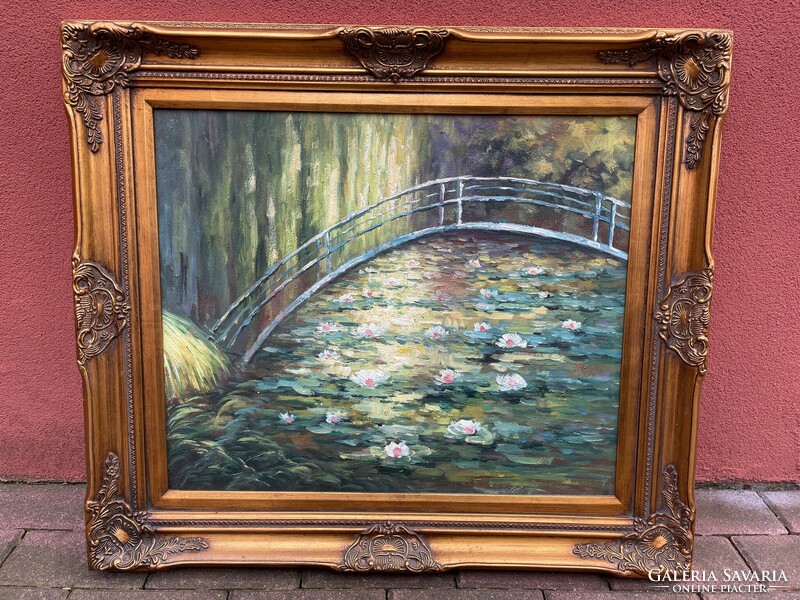 Blondel keretes tájkép festmény tó rózsa kép olajkép 80x70cm