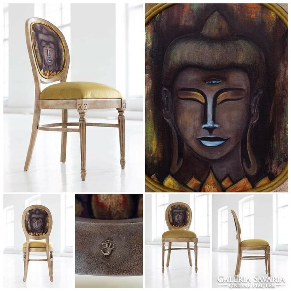 Individual patterned, colorful chairs decorated with Buddha images are for sale