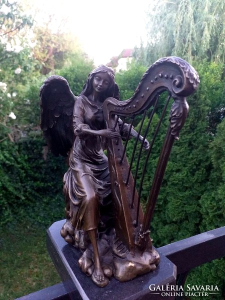 Angel playing the harp - bronze sculpture artwork