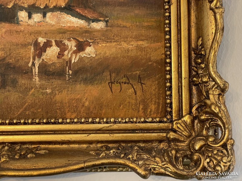 Neogrády antal antique cow landscape life picture village picture in blonde frame