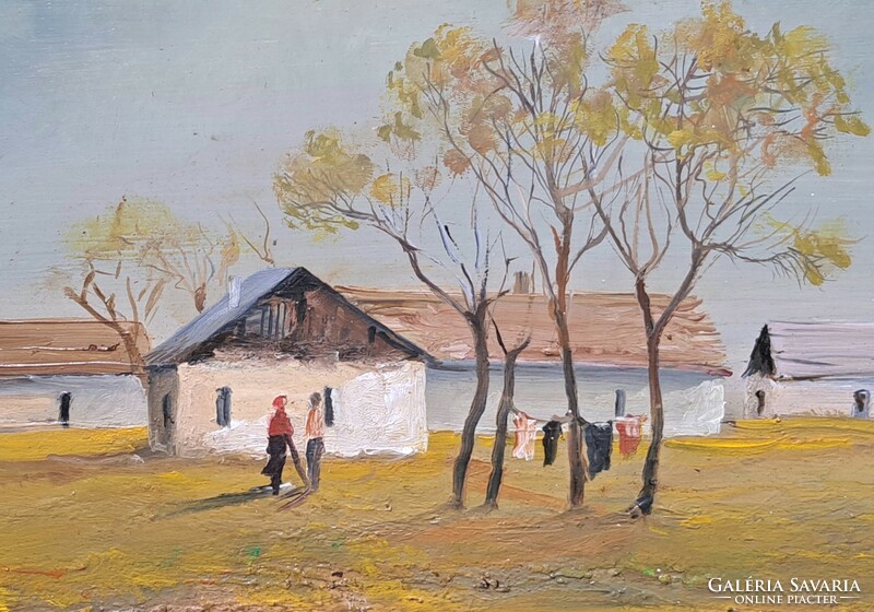 Puskás Imre (1933-2003) zsűrizett olajfestmény kerettel - paraszti életkép, tanya - szegedi festő