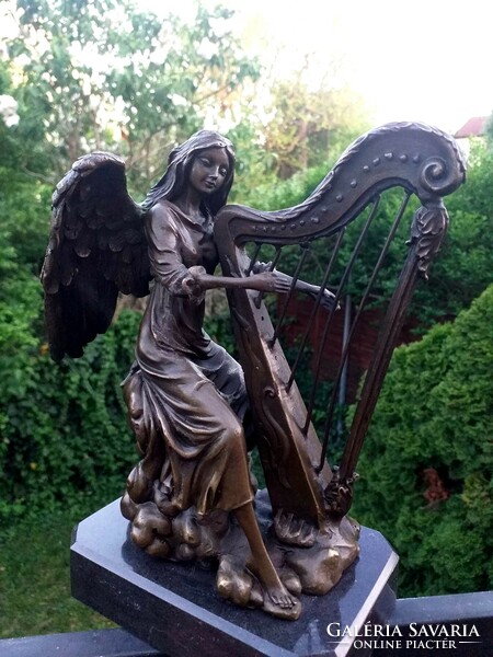 Angel playing the harp - bronze sculpture artwork