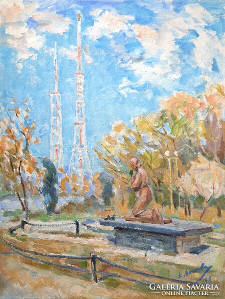 City park with sculpture - serene oil painting on canvas, unidentified mark