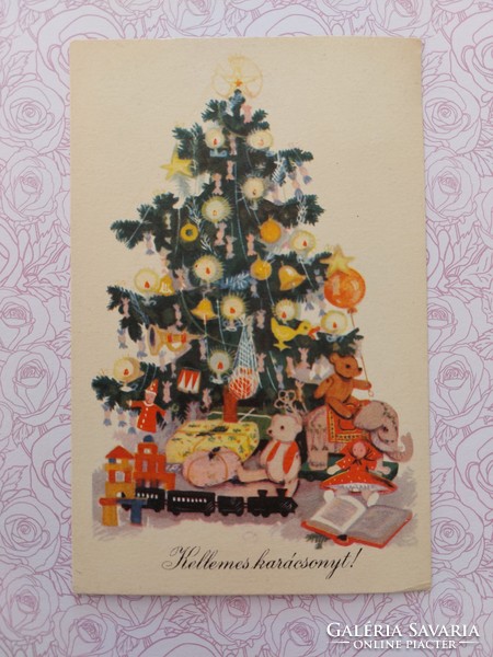 Régi karácsonyi képeslap levelezőlap karácsonyfa játékok