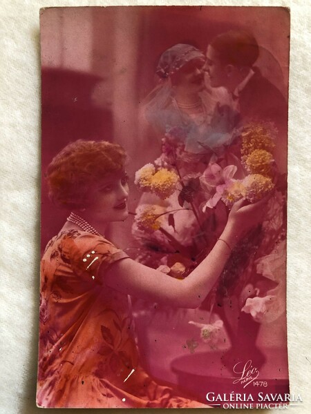 Antique, old colored romantic postcard -3.