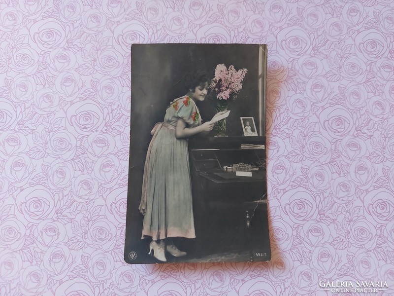 Old postcard 1917 photo postcard lady