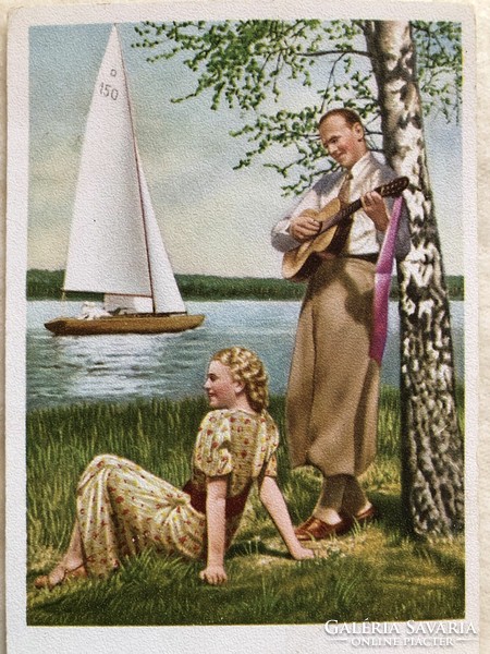 Antik, régi romantikus képeslap - Postatiszta               -3.