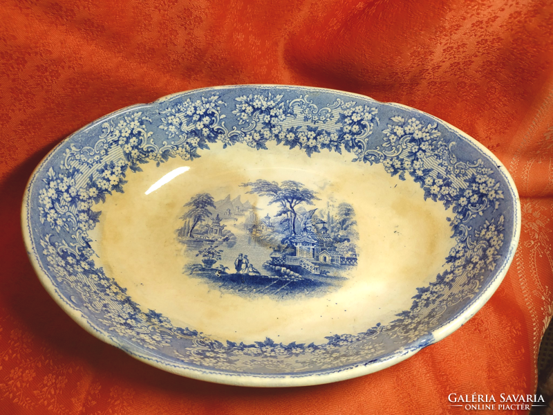 Antique English porcelain, oval deep serving bowl, centerpiece, pagoda
