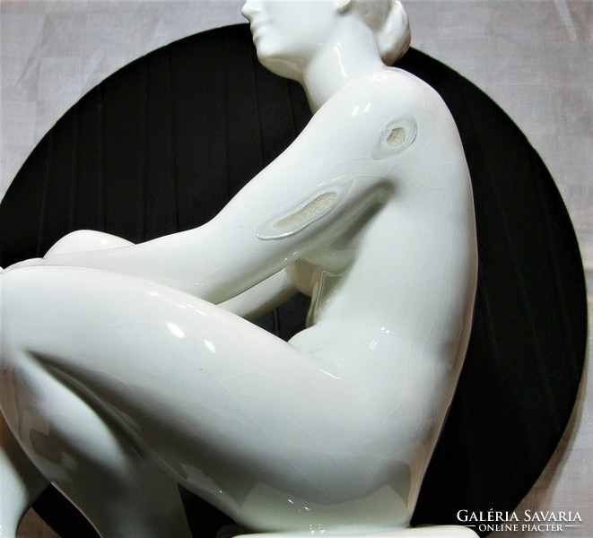 Pátzay pál - seated nude - white porcelain statue 29 cm