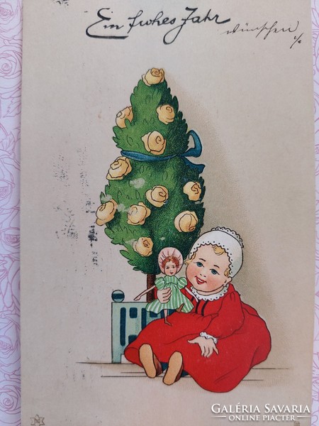 Régi képeslap rajzos levelezőlap kislány babával