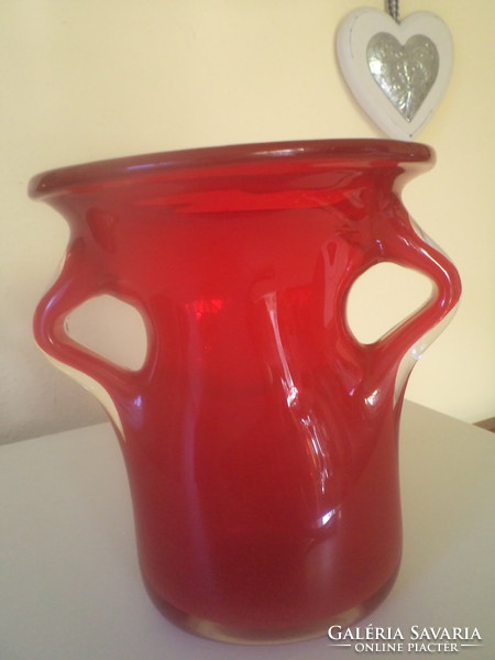 Raspberry red colored, artistic glass vase