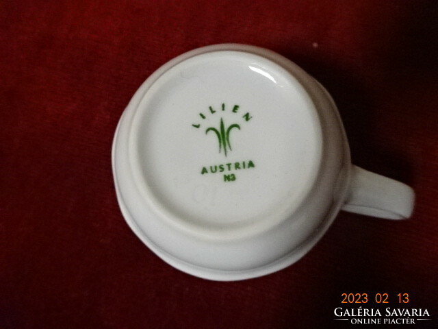 Lilien porcelain Austria, white coffee cup with printed pattern. Jokai.