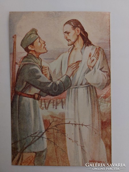 Régi képeslap cserkész levelezőlap Márton Lajos rajza katona Jézus
