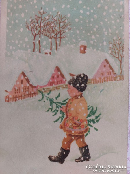 Régi karácsonyi képeslap rajzos levelezőlap hóesés kisfiú