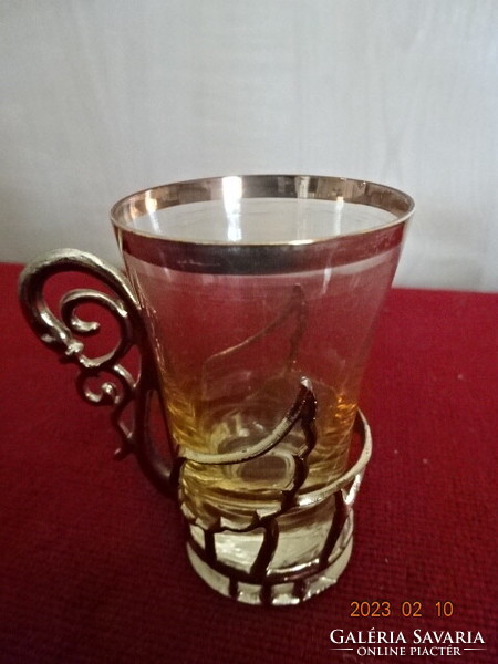 Liqueur glass with a thick base, gold rim, in a gold metal holder, six pieces. Jokai.