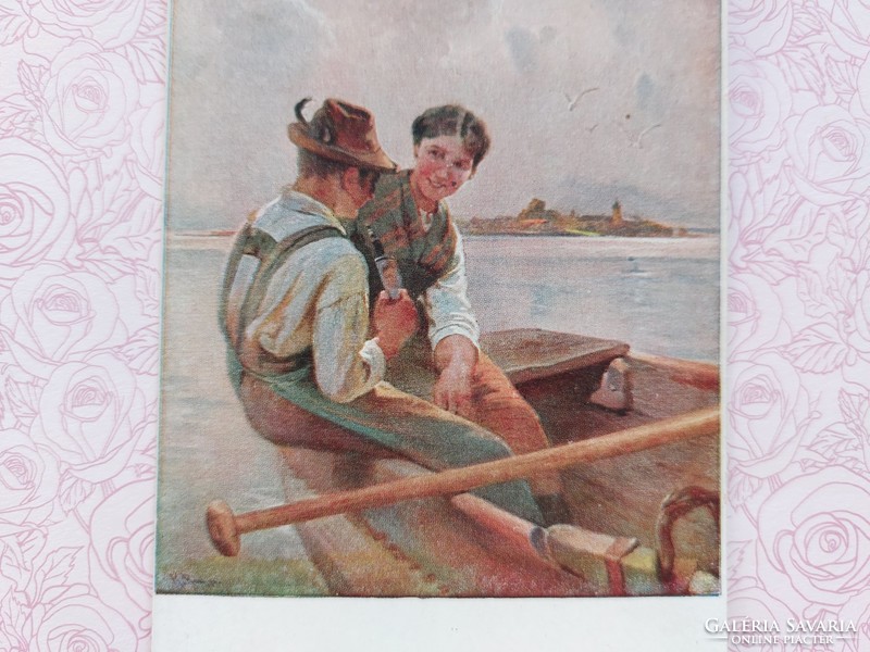 Romantic old couple postcard boating