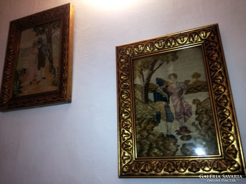 Antique wonderful petit point tapestry needlework pair in a beautiful frame