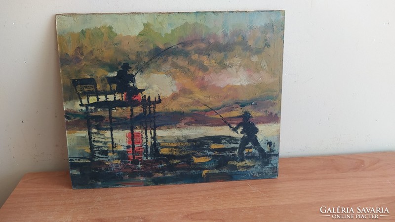 (K) Kvalitásos festmény horgászok 32x26 cm