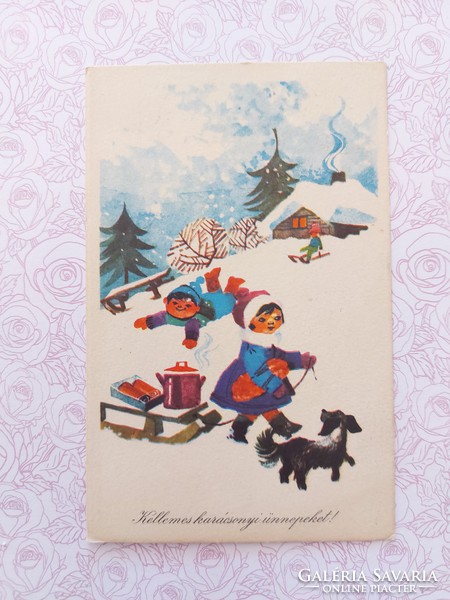 Régi karácsonyi képeslap rajzos levelezőlap gyerekek szánkó kutyus