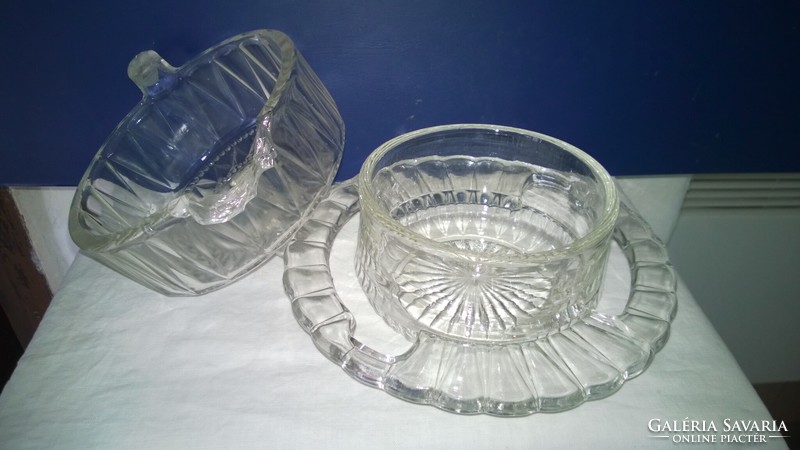 Beautiful shaped glass sugar bowl with bonbon offering saucer plate