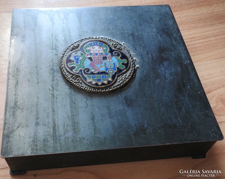 Kinga Horváth bronze craft box with fire enamel picture inlay