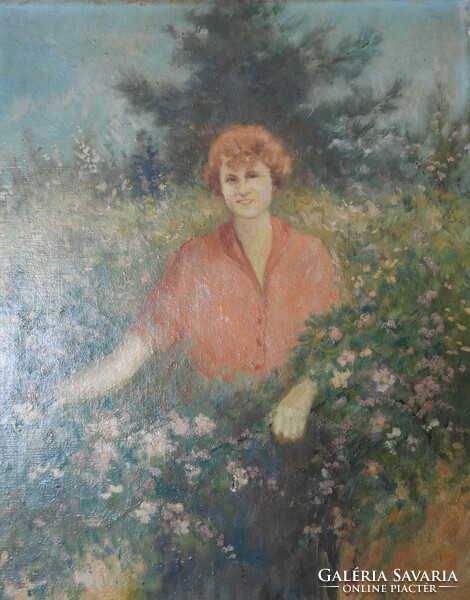 Nő a virágok között  - olaj / vászon festmény