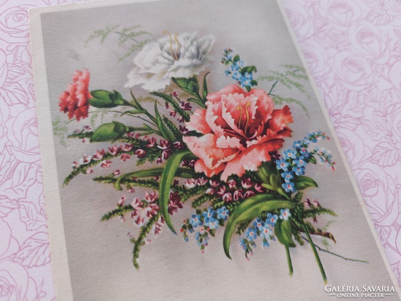 Régi virágos képeslap 1942 levelezőlap szegfű nefelejcs