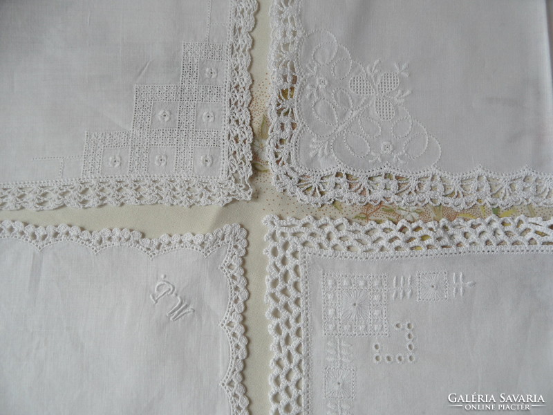 Old white embroidered handkerchief with hand-crochet border (6 pcs.)