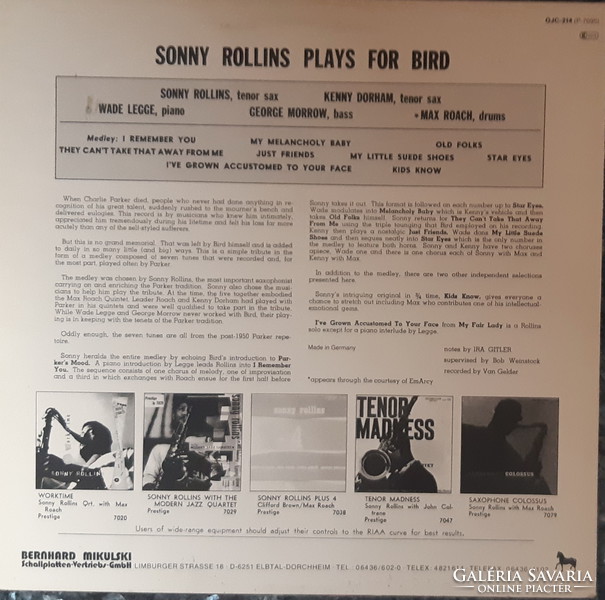 SONNY ROLLINS QUARTET : ROLLINS PLAYS FOR BIRD   -  JAZZ LP BAKELIT LEMEZ VINYL