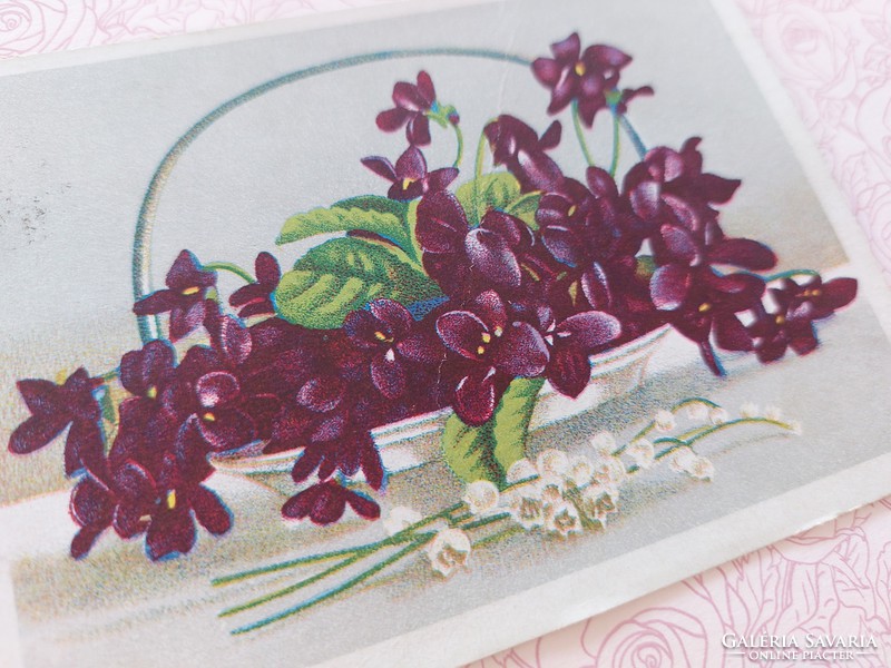 Régi virágos képeslap levelezőlap ibolya gyöngyvirág