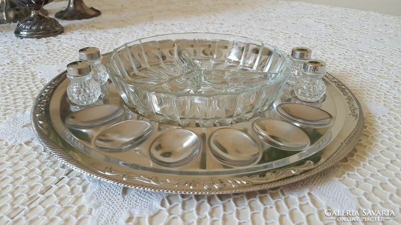 Egg tray, serving tray, glass dispenser with salt and pepper shaker
