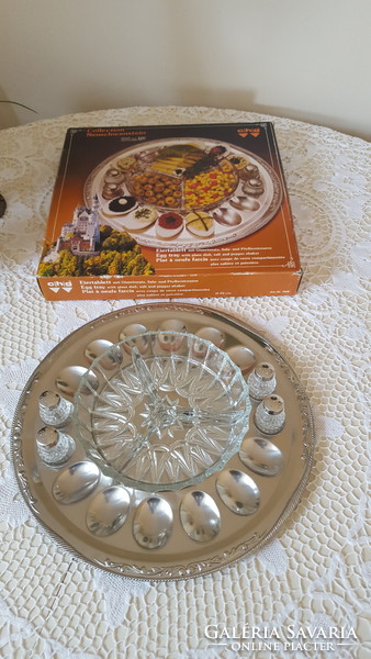 Egg tray, serving tray, glass dispenser with salt and pepper shaker