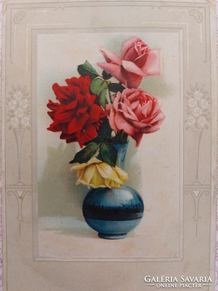 Régi képeslap levelezőlap rózsa vázában
