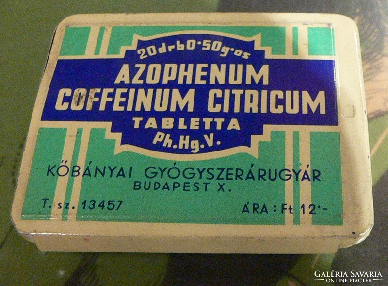 Régi gyógyszeres fém / pléh doboz: Azophenum Coffeinum Citricum tabletta
