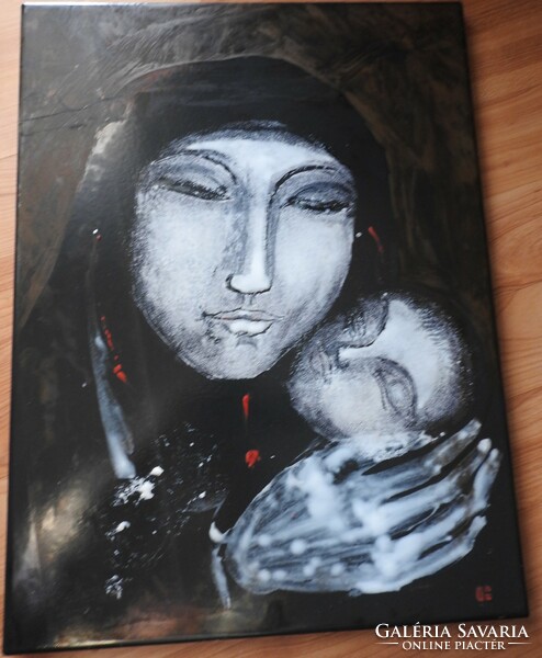 Motherhood fire enamel picture - marked Turi endre